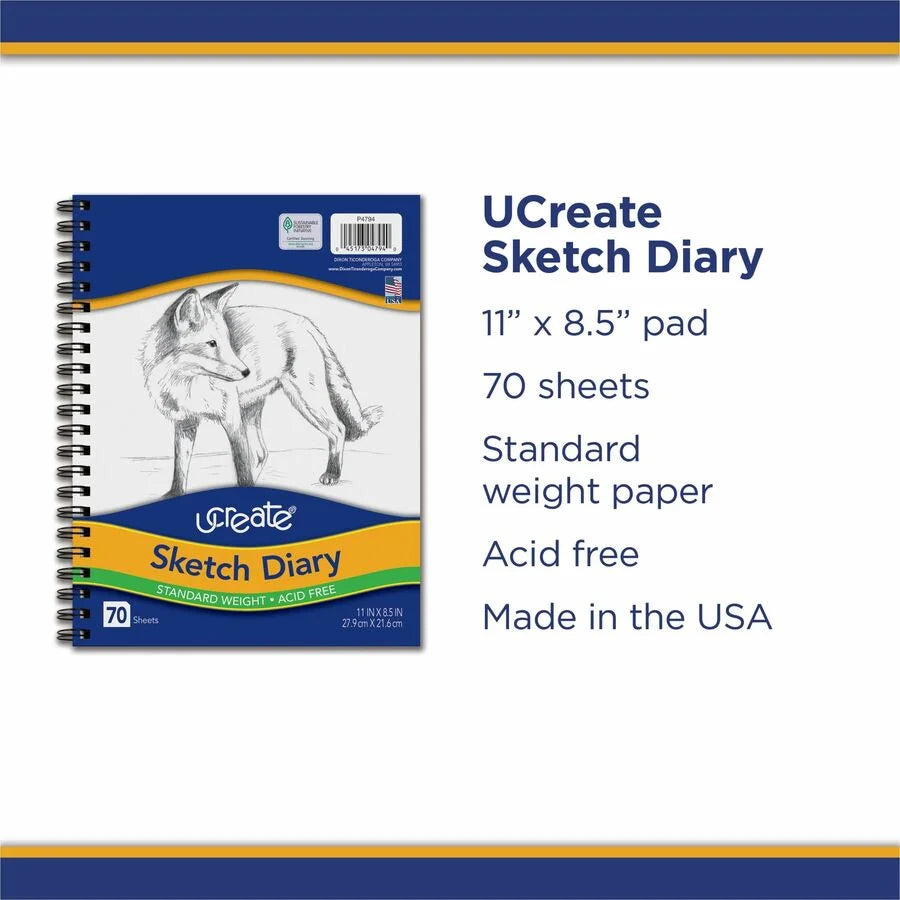 UCreate Art1st Sketch Diary - 70 Sheets - Plain - 8.5’’ x 11’’ - Acid-free - Recycled - Drawing Paper & Pads