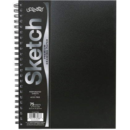 UCreate Poly Cover Sketch Book: 75 Sheets Spiral 70 lb - 12’’ x 9’’ - Black Polyurethane - Drawing Paper & Pads
