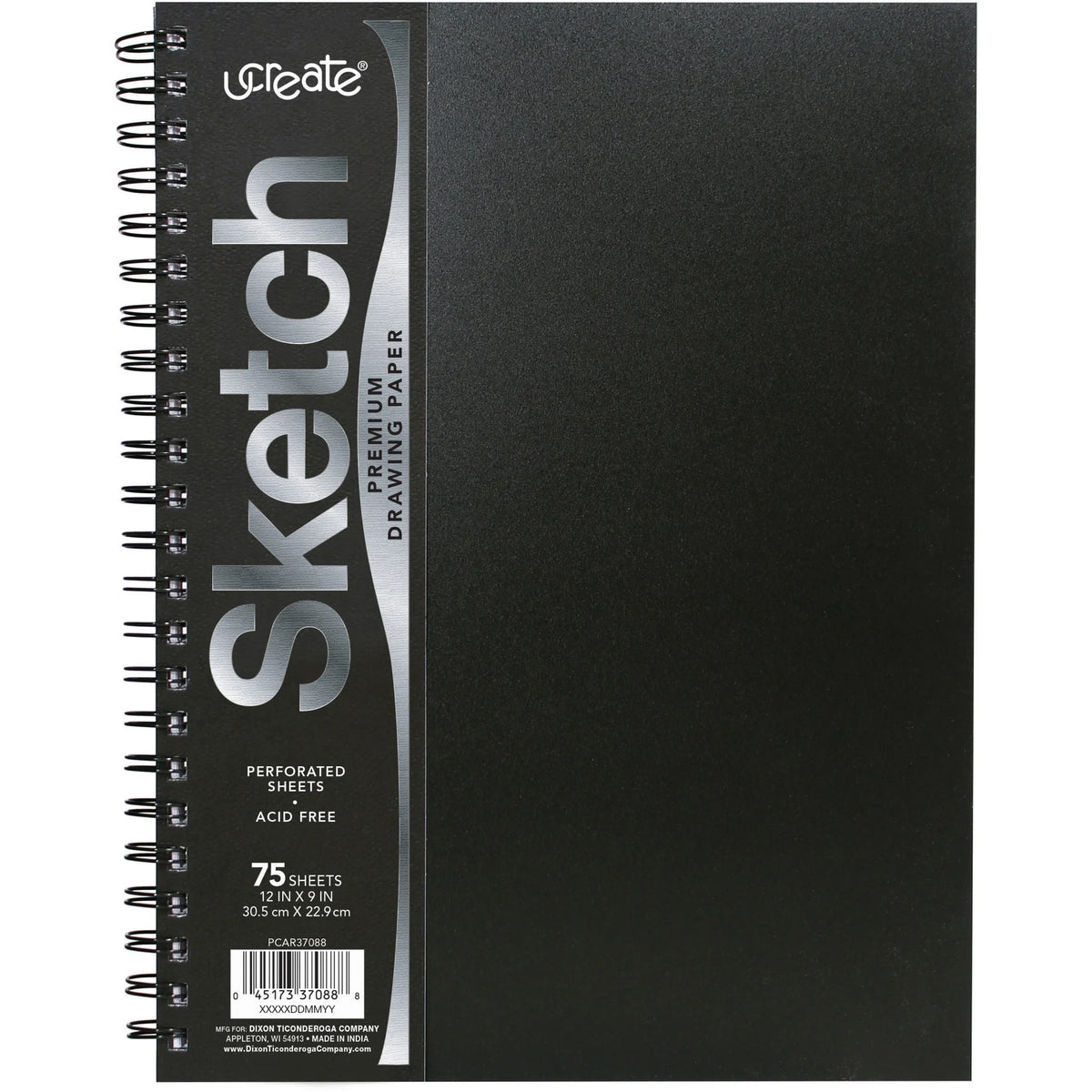 UCreate Poly Cover Sketch Book: 75 Sheets Spiral 70 lb - 12’’ x 9’’ - Black Polyurethane - Drawing Paper & Pads
