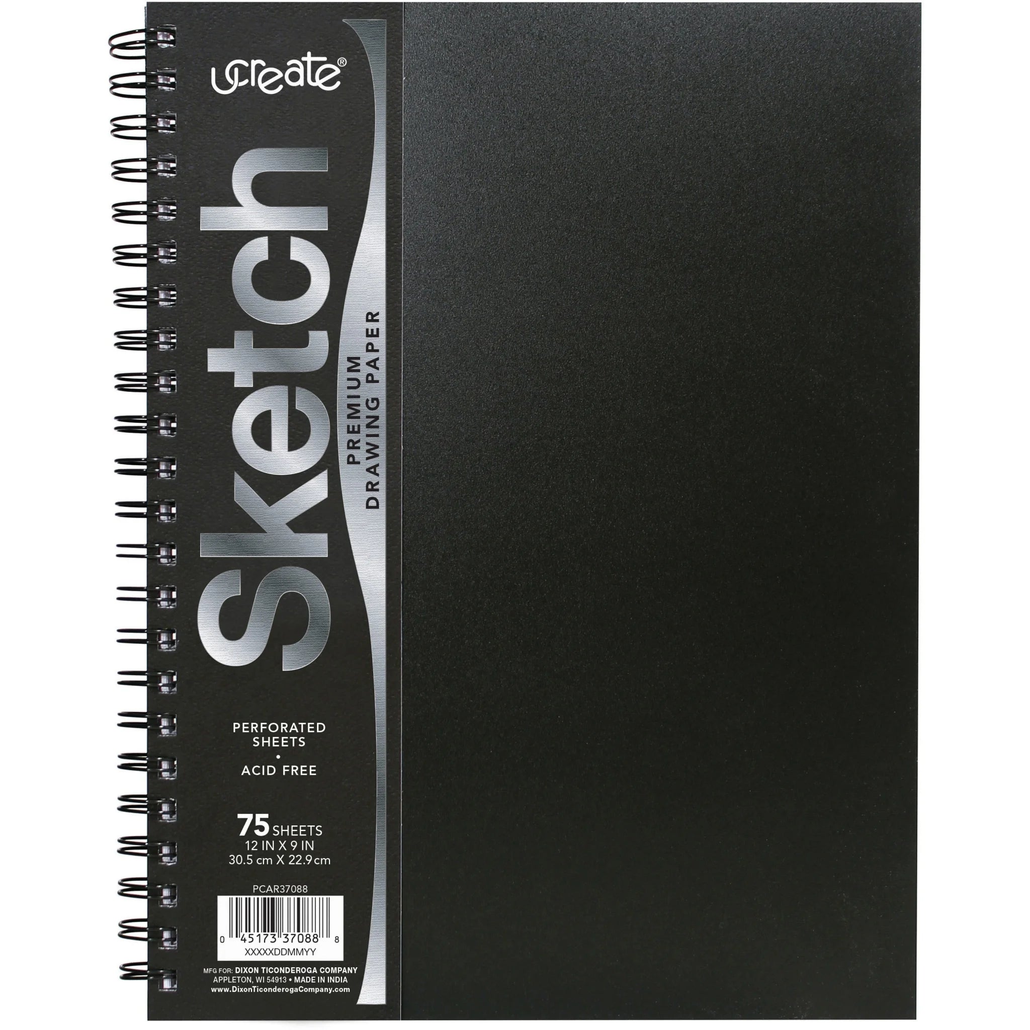 UCreate Poly Cover Sketch Book: 75 Sheets Spiral 70 lb - 12’’ x 9’’ - Black Polyurethane - Drawing Paper & Pads