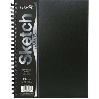 UCreate Poly Cover Sketch Book: 75 Sheets Spiral 70 lb - 12’’ x 9’’ - Black Polyurethane - Drawing Paper & Pads