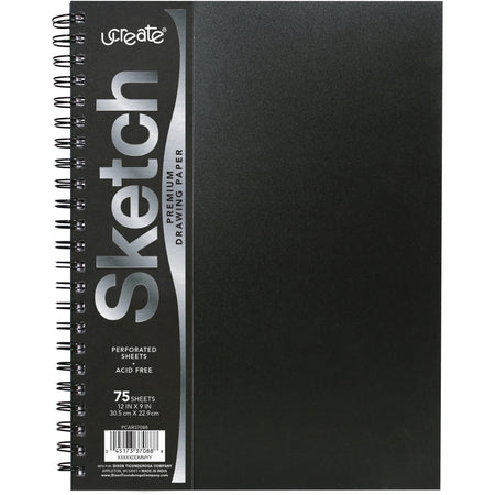 UCreate Poly Cover Sketch Book: 75 Sheets Spiral 70 lb - 12’’ x 9’’ - Black Polyurethane - Drawing Paper & Pads
