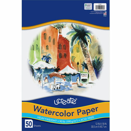 UCreate Watercolor Paper: 12’’ x 18’’ 90 lb - Vellum Finish - Acid-free - White - 50 Sheets - Drawing Paper & Sketch