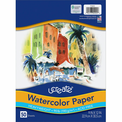 UCreate Watercolor Paper: 9’’ x 12’’ 90 lb Vellum SFI Certified Acid-free - 50 Sheets - Drawing Paper & Sketch Pads