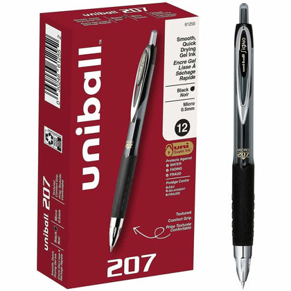 uni-ball 207 Gel Pen: 0.5mm Micro Point Refillable Retractable - Black Ink - Pigment-Based - Pens