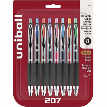 uni-ball 207 Gel Pen Set - 0.7mm Medium Point - Refillable & Retractable - Assorted Ink Colors - Pigment-Based - 8 Pack