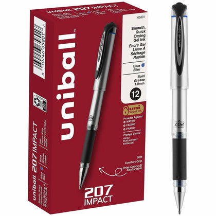 uni-ball 207 Impact Gel Pen: Bold 1mm Blue Ink Refillable Pen - Silver Barrel - Pens