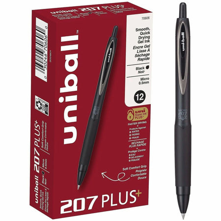 uni-ball 207 Plus Gel Pens - 0.5mm Medium Point - Black Ink - Nanofiber - Metallic Barrel