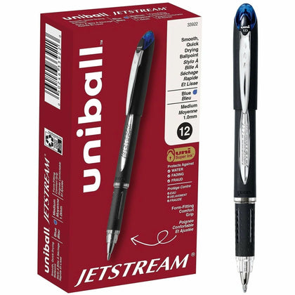 uni-ball Jetstream Ballpoint Pen: 1mm Blue Ink Pigment-based Black Stainless Steel - Pens