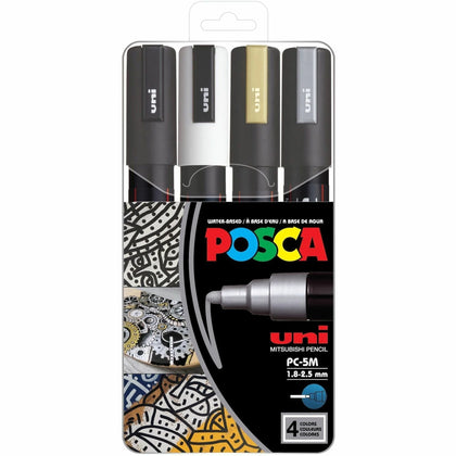 Uni-ball POSCA Paint Marker Set: 1.8mm Medium Bullet Erasable & Washable Ink - Black White Gold Silver - Water Based