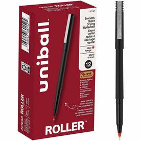 uni-ball Rollerball Pen: 0.5mm Micro Point Red Ink Water-Based - Black Stainless Steel Barrel - Pens