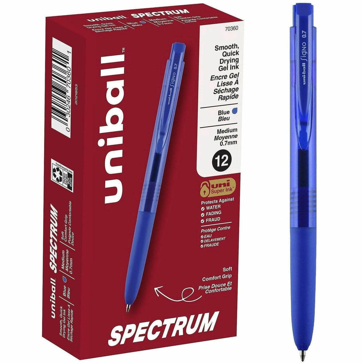 Uni-ball Spectrum Gel Pen: Blue Ink 0.7mm Medium Point - Gel-based - Pack of 12 - Pens
