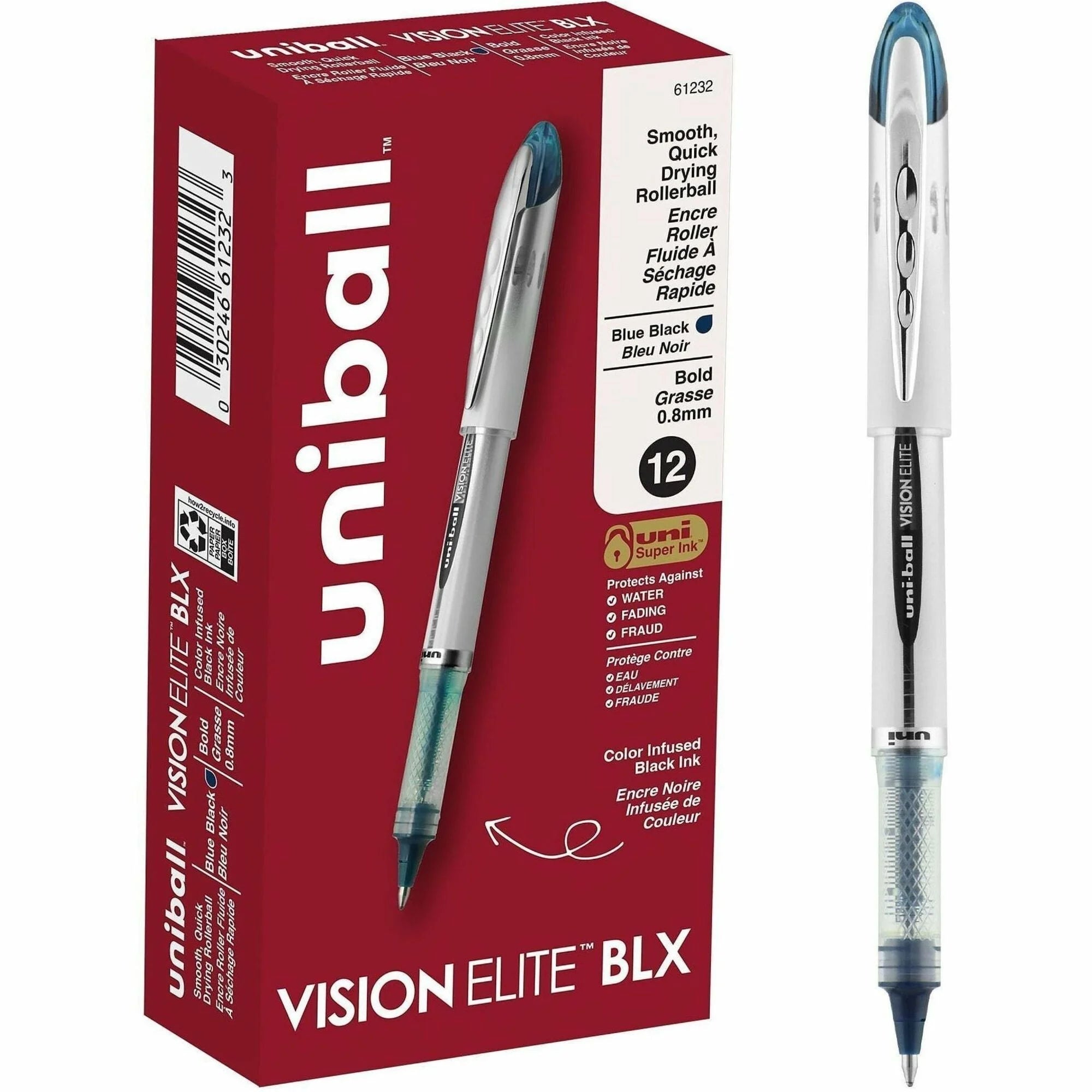 uni-ball Vision Elite BLX Rollerball Pen: Bold 0.8mm Point Black/Blue Ink - Pens