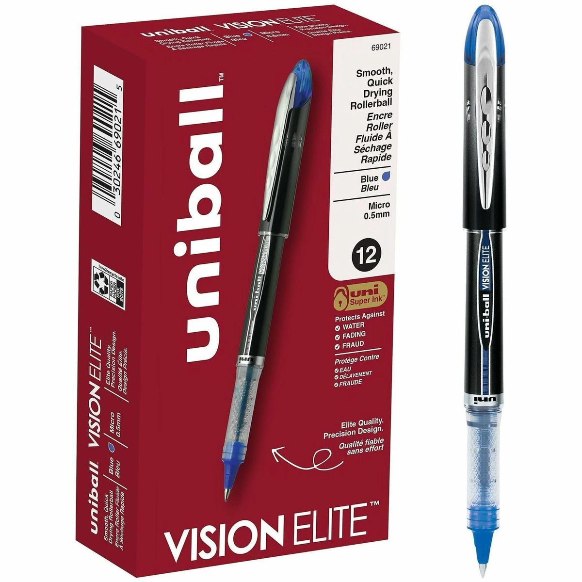 uni-ball Vision Elite Rollerball Pen: 0.5mm Micro Point Blue Ink Pigment-based - Pens