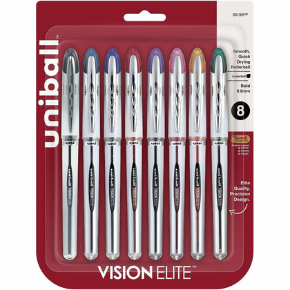 uni-ball Vision Elite Rollerball Pen: Bold 0.8mm Point Refillable Retractable Gel Ink - 8 Pack - Pens
