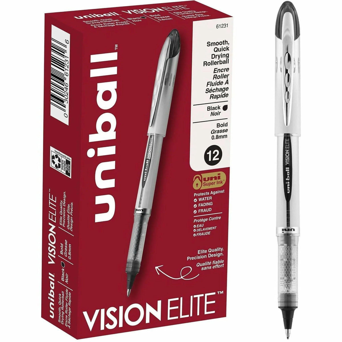 uni-ball Vision Elite Rollerball Pens: 0.8mm Bold Point Refillable Black Gel Ink - Pens