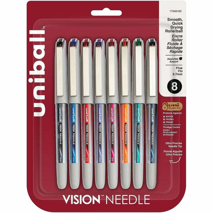 uni-ball Vision Needle Rollerball Pens - 0.7mm Fine Point - Assorted Ink Colors - Silver Barrel - 8 Pack