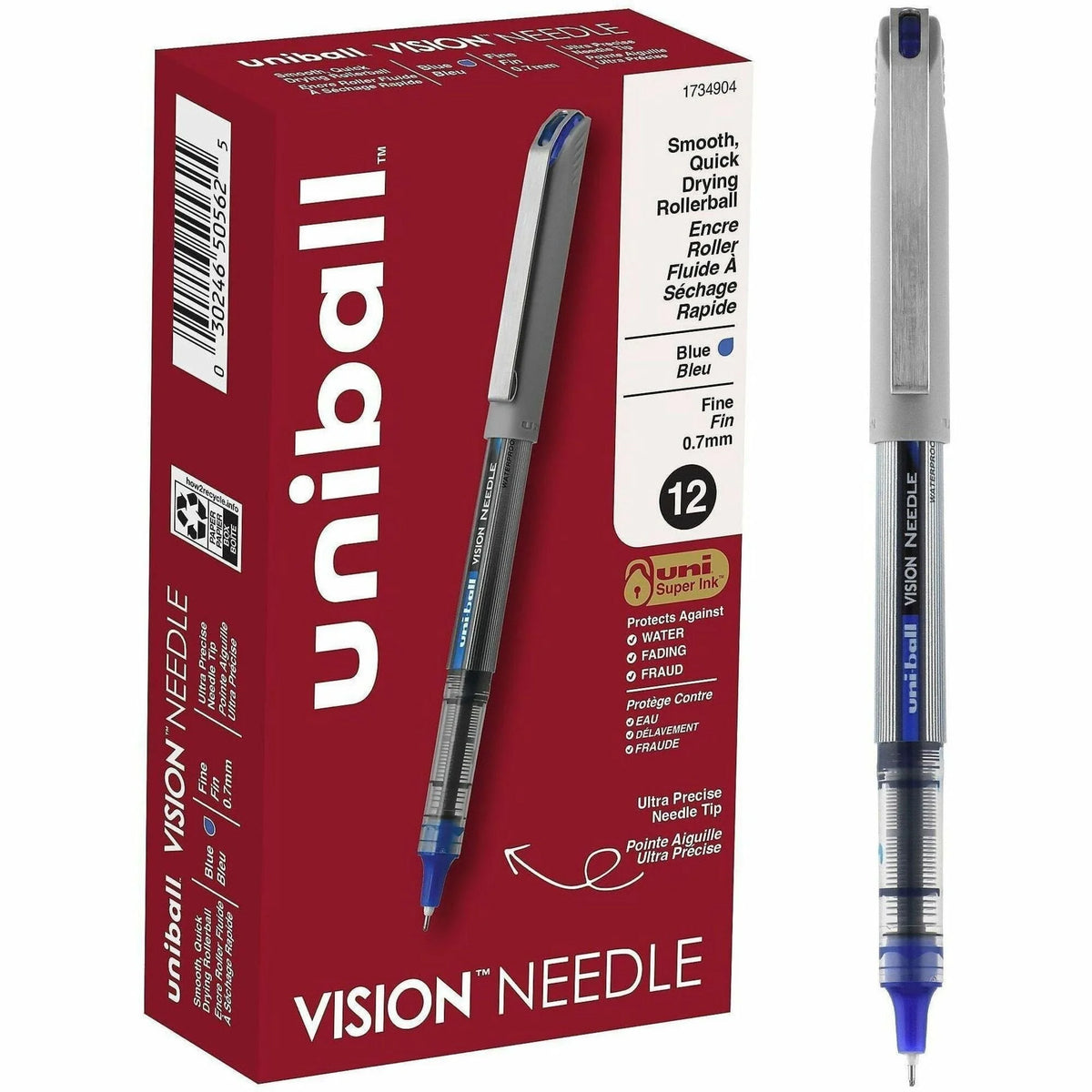 uni-ball Vision Needle Rollerball Pens - 0.7mm Fine Point - Blue Ink - Liquid - 1 Dozen