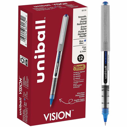 uni-ball Vision Rollerball Pens: 0.7mm Fine Point Blue Ink Pigment-Based - 1 Dozen - Pens