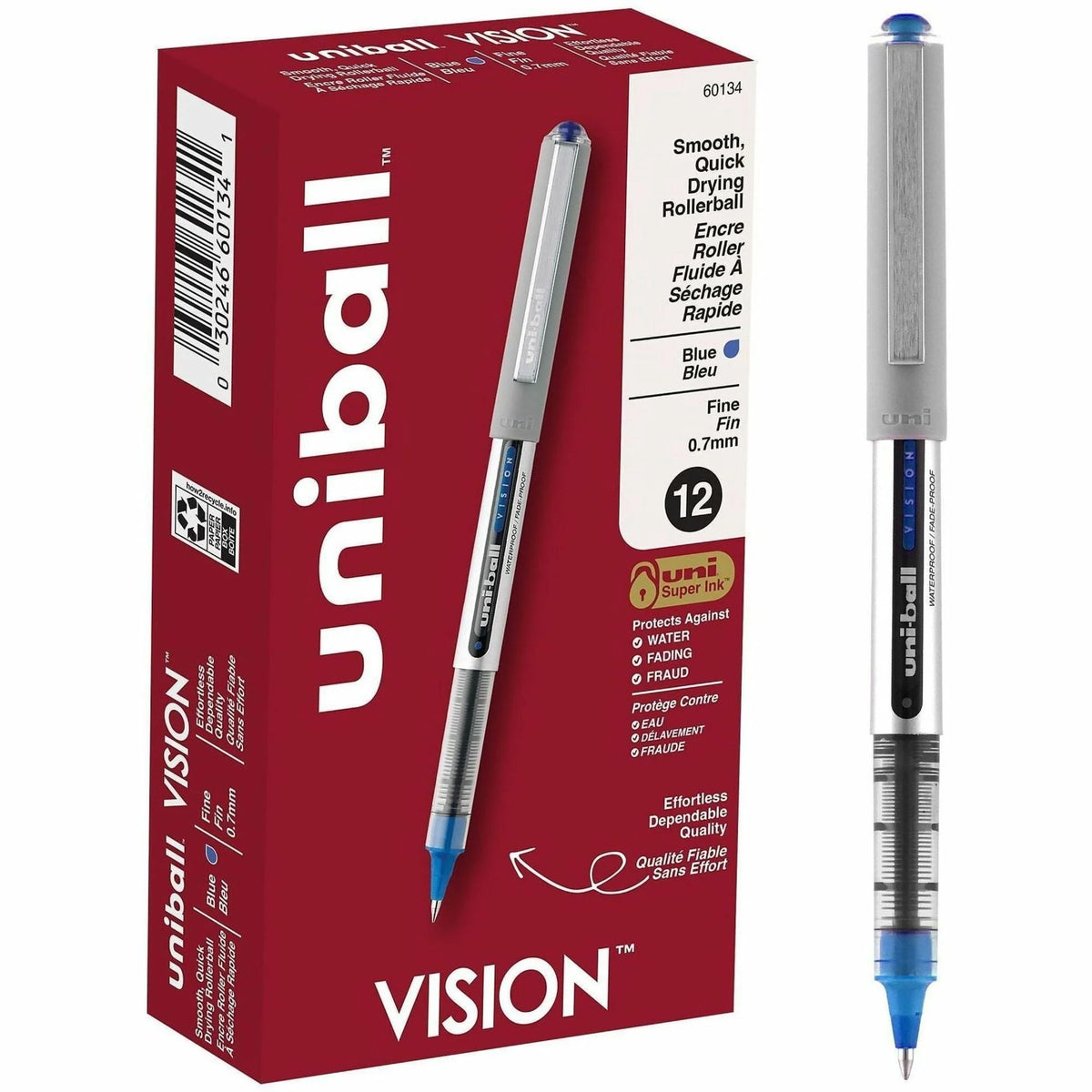 uni-ball Vision Rollerball Pens: 0.7mm Fine Point Blue Ink Pigment-Based - 1 Dozen - Pens