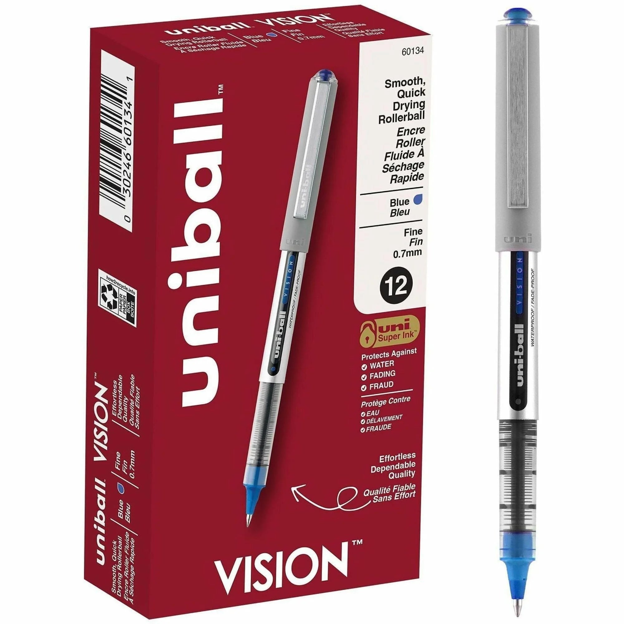 uni-ball Vision Rollerball Pens: 0.7mm Fine Point Blue Ink Pigment-Based - 1 Dozen - Pens