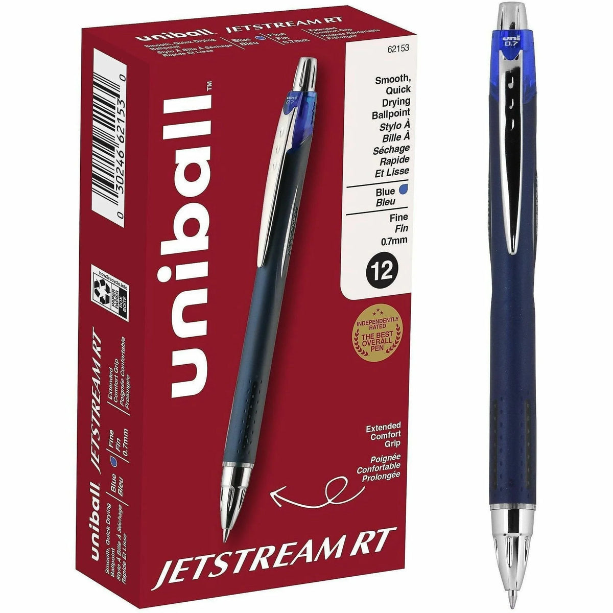 Uniball Jetstream RT Ballpoint Pen - Fine 0.7mm Blue Ink - Pigment-based - 1 Dozen - Pens
