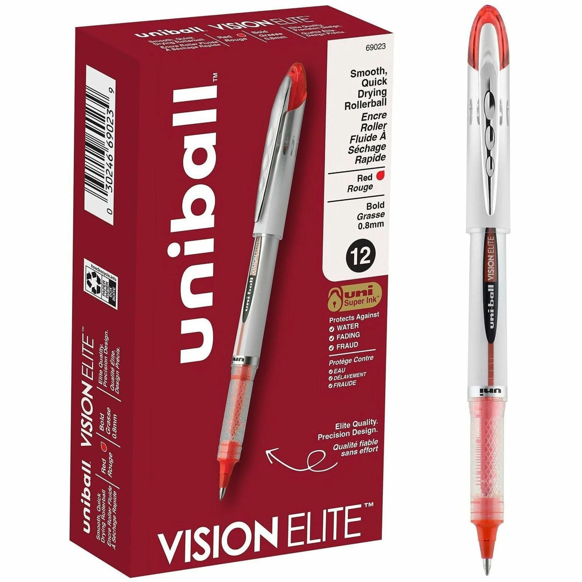 Uniball Vision Elite Rollerball Pen: Bold 0.8mm Red Ink - Refillable - Pens