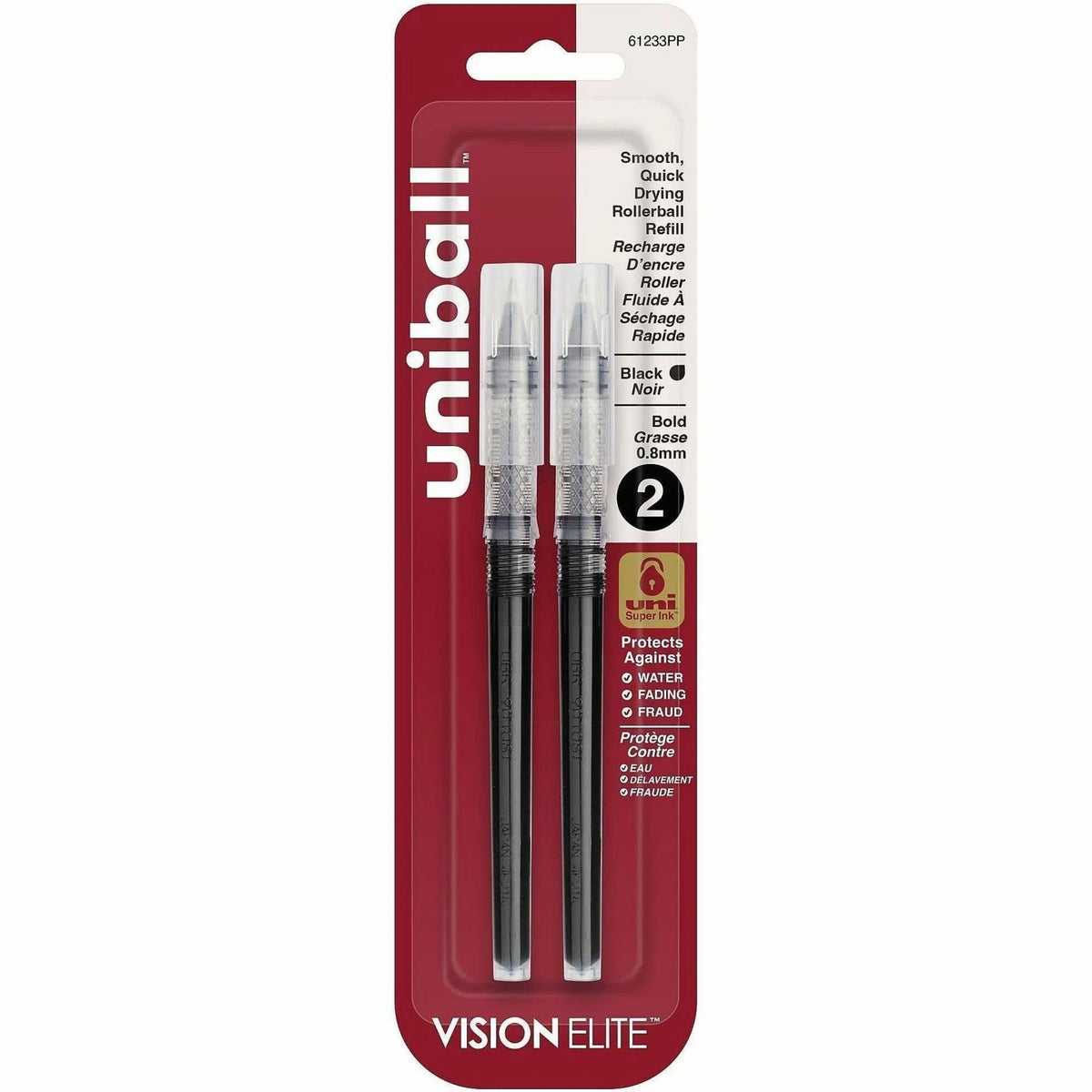 Uniball Vision Elite Rollerball Pen Refills - Bold 0.80mm Black Ink - Water & Fade Resistant - 2 Pack