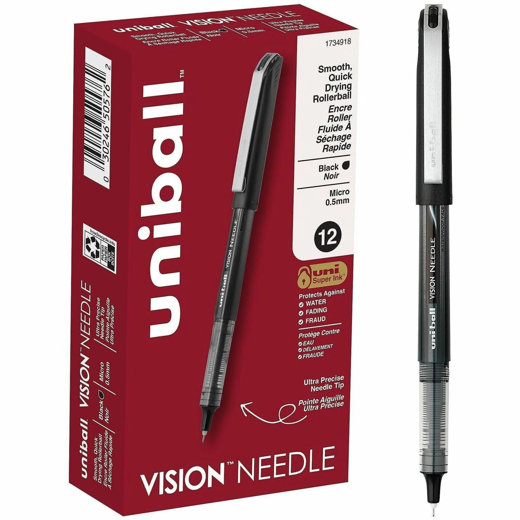 Uniball Vision Needle Rollerball Pens - 0.5mm Micro Point - Black Ink - Liquid