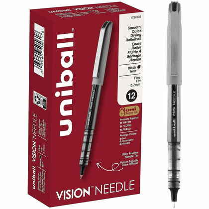 Uniball Vision Needle Rollerball Pens - Fine 0.7mm Point - Black Ink - Silver Barrel