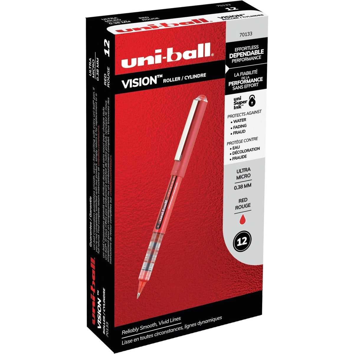 Uniball Vision Rollerball Pen: 0.38mm Ultra Micro Point Red Ink - 12 Pack - Pens