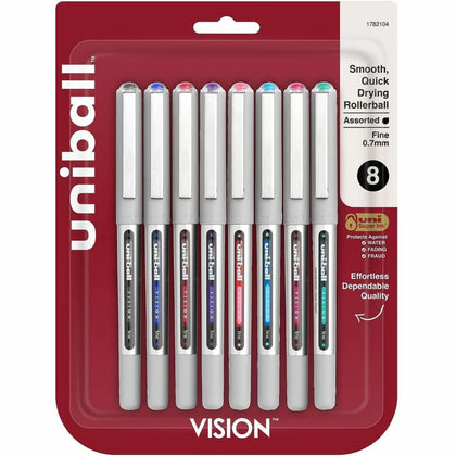 Uniball Vision Rollerball Pen: 0.7mm Bold Point Assorted Liquid Ink - 8 Pack - Pens