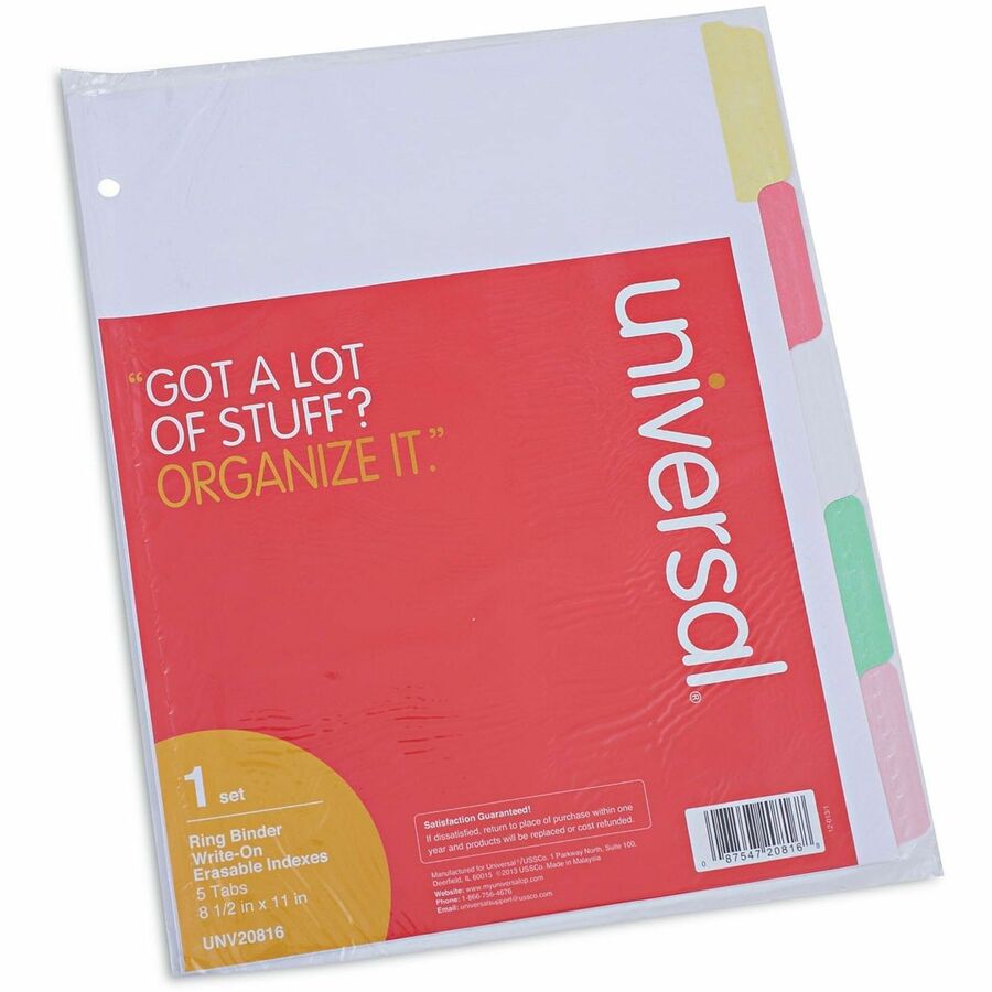 Universal Deluxe Write-On/Erasable Tab Index, 5-Tab, 11 x 8.5, White, Assorted Tabs, 1 Set - Alternate-Image1