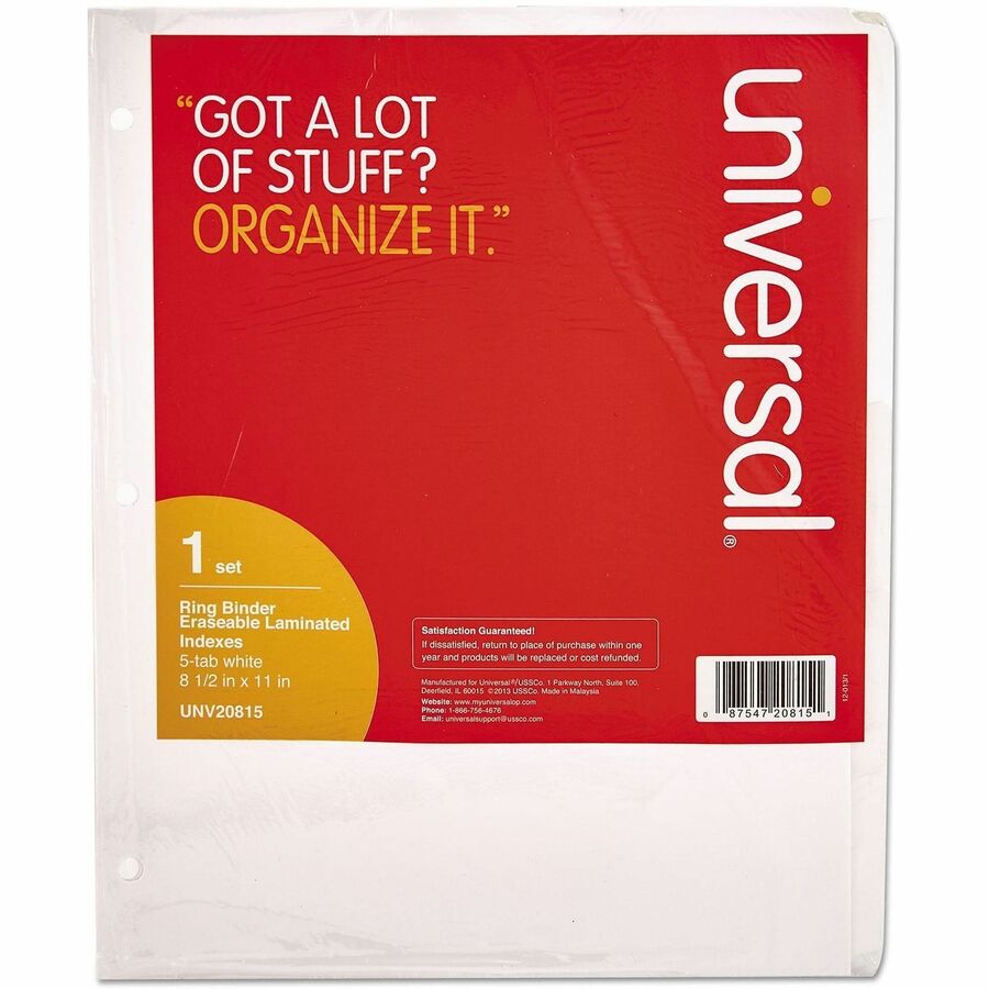 Universal Deluxe Write-On/Erasable Tab Index, 5-Tab, 11 x 8.5, White, White Tabs, 1 Set - Alternate-Image1