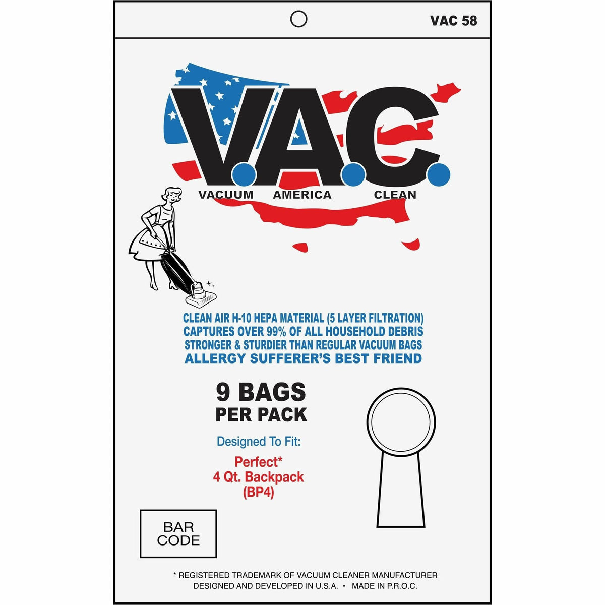 V.A.C. Perfect 4-Quart Backpack Vacuum Bags - 9/Pack - 5 / Bundle - 1 gal - White - Cleaners & Accessories