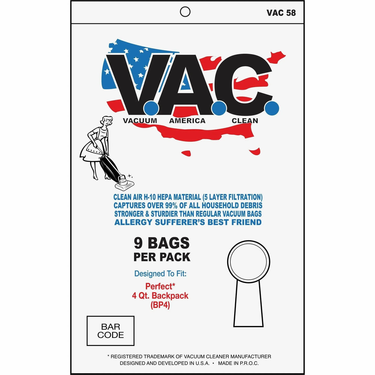 V.A.C. Perfect 4-Quart Backpack Vacuum Bags - 9/Pack - 5 / Bundle - 1 gal - White - Cleaners & Accessories