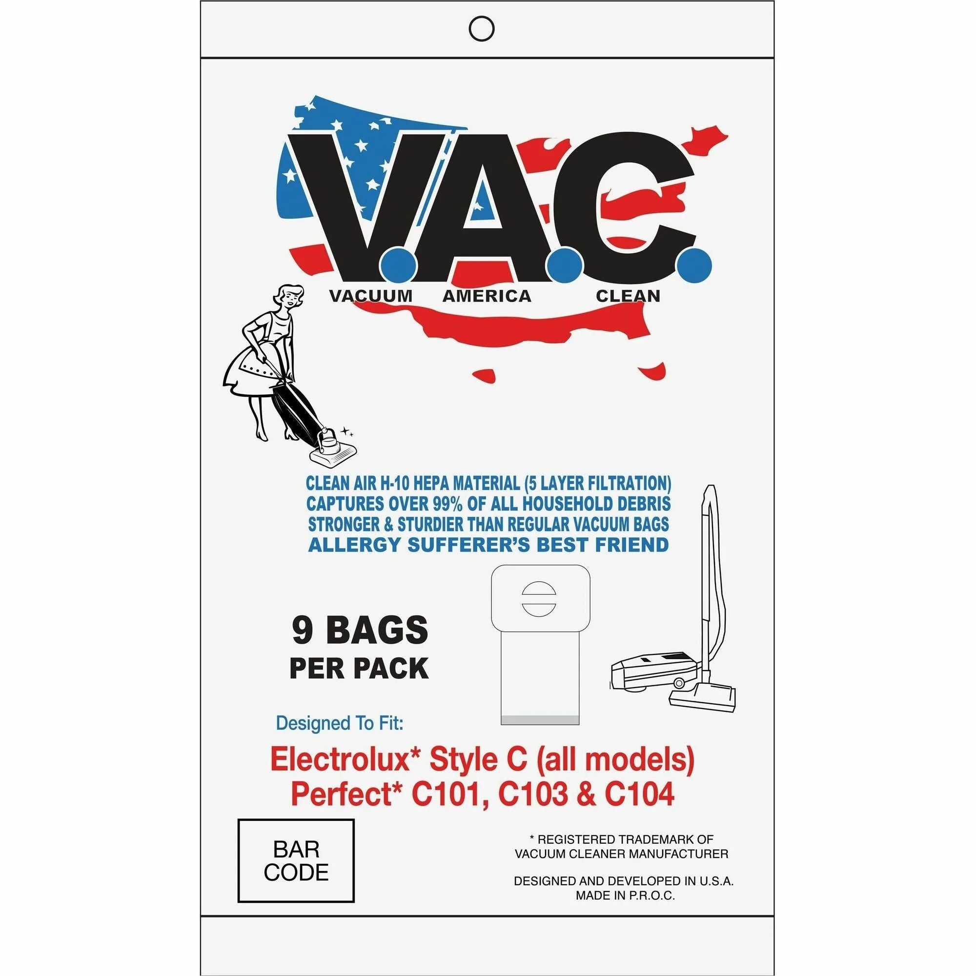 V.A.C. Perfect C101/C103 & Electrolux Vacuum Bags - 100 / Pack - White - Cleaners Accessories