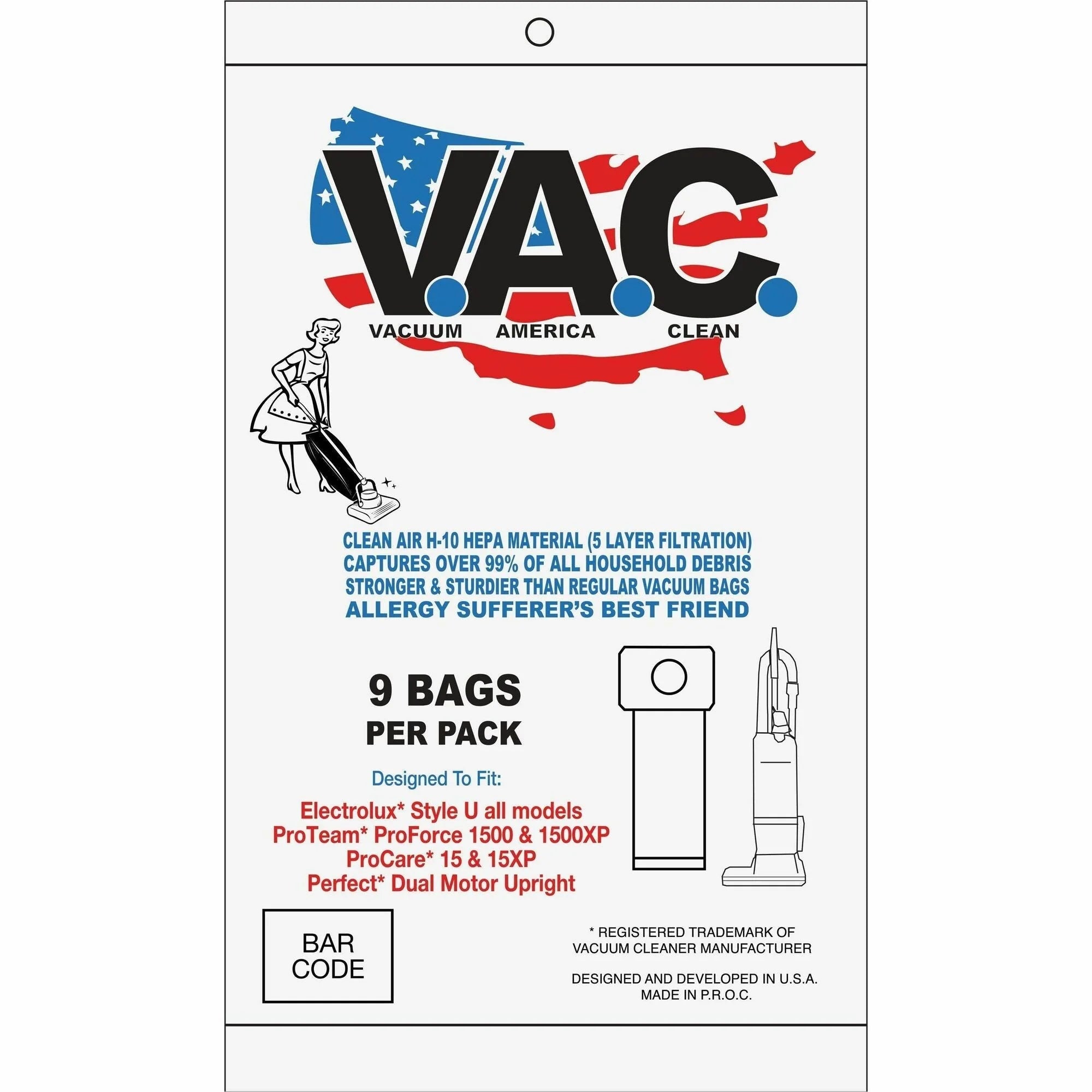V.A.C. Perfect & Lux Upright Vacuum Bags - 100 / Pack - White - Cleaners Accessories