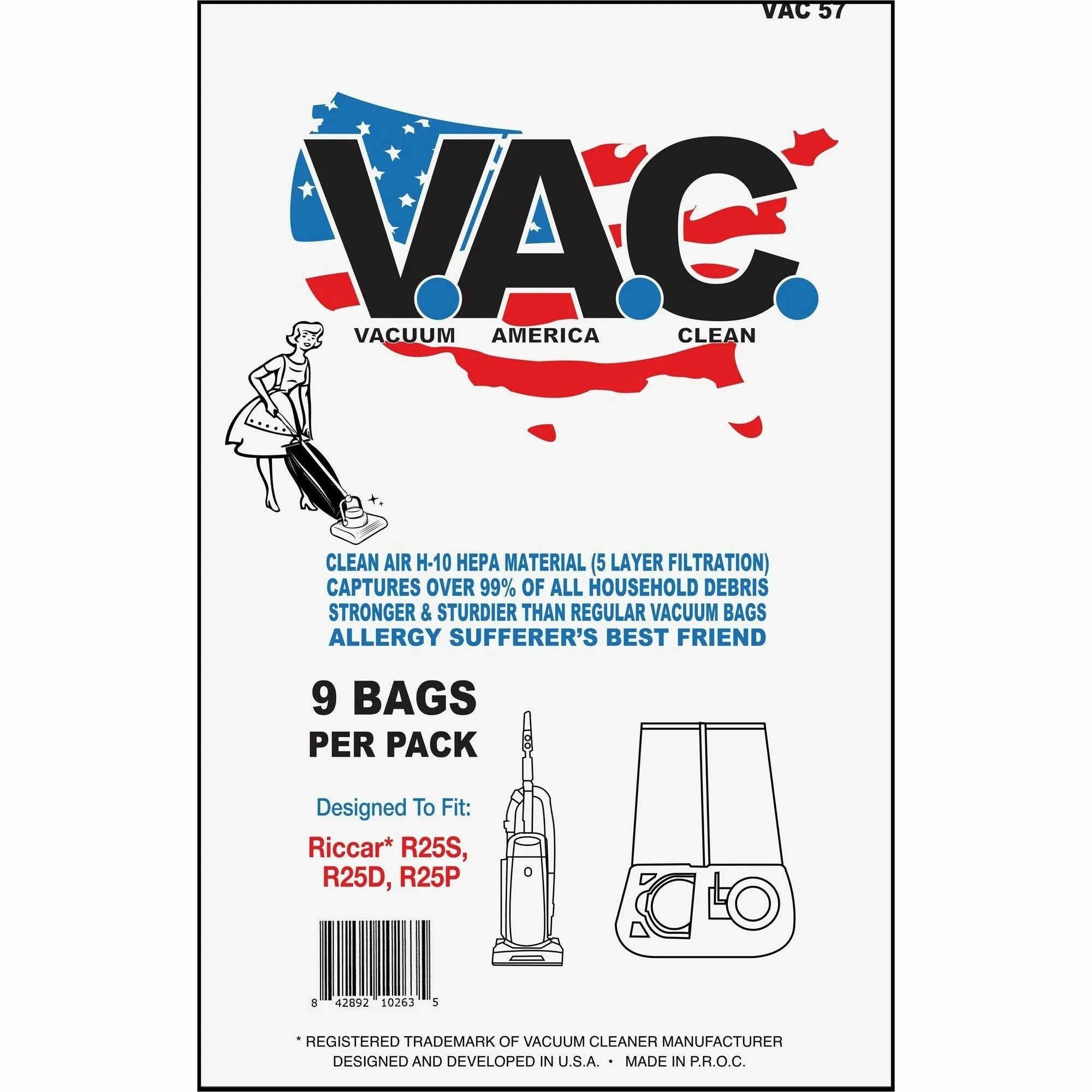 V.A.C. Riccar 25 Series Vacuum Bags - 9/Pack - 5 / Bundle - White - Cleaners & Accessories