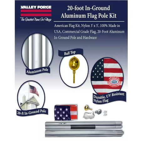 Valley Forge American Flag Kit includes 3’ x 5’ embroidered nylon flag and 20’ pole