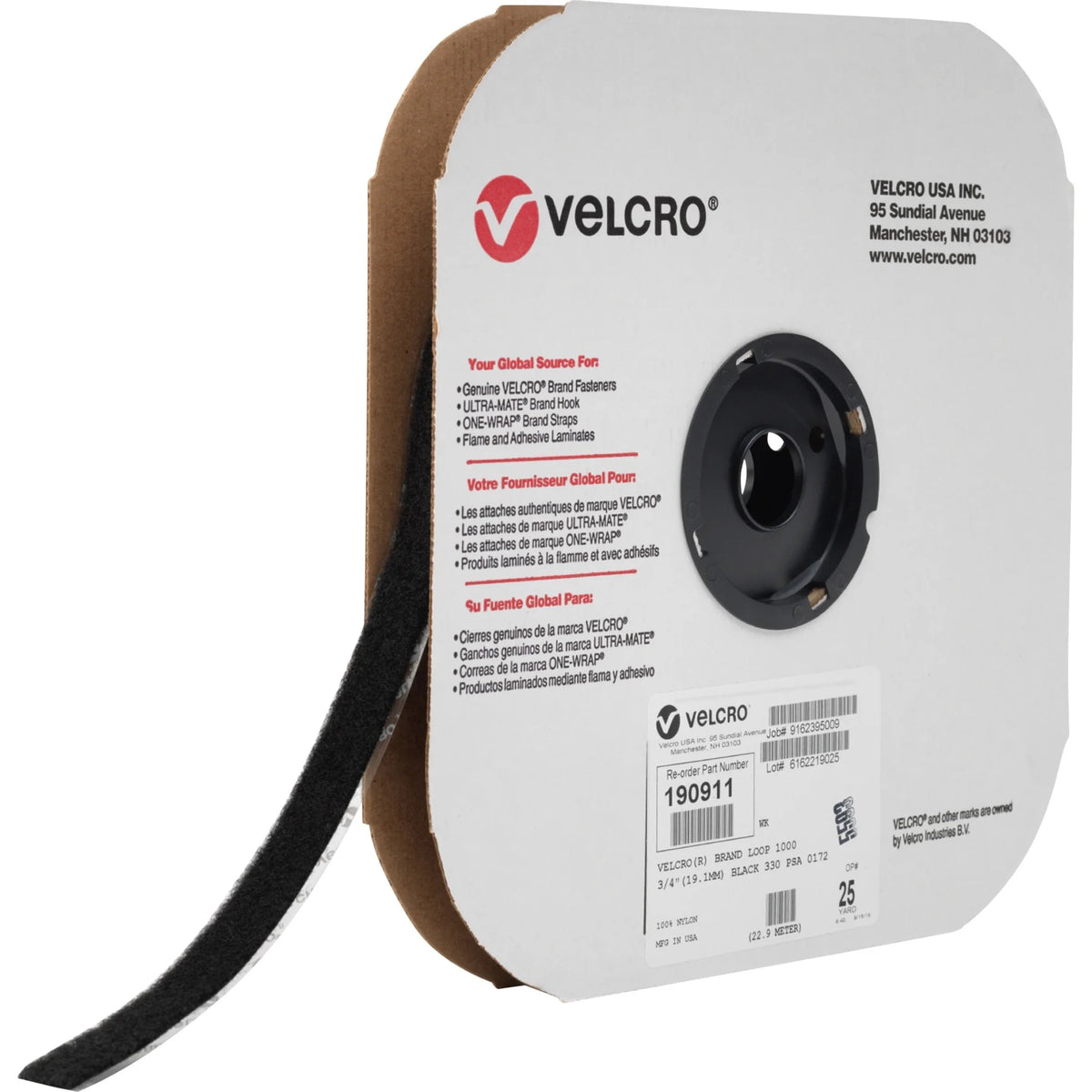 VELCRO® 190911 Industrial - Loop 1000 - 25 yd Length x 0.75’’ Width - Black - For Indoor Outdoor - 1 Roll - Hook &