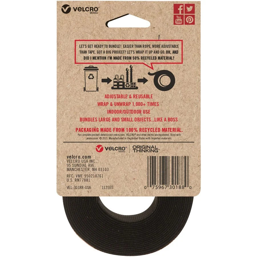 VELCRO® Cable Strap 1’’x10’ Black - Adjustable Reusable Recycled - Electronic Accessories