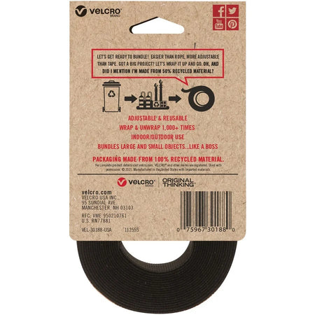 VELCRO® Cable Strap 1’’x10’ Black - Adjustable Reusable Recycled - Electronic Accessories
