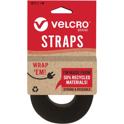 VELCRO® Cable Strap 1’’x10’ Black - Adjustable Reusable Recycled - Electronic Accessories
