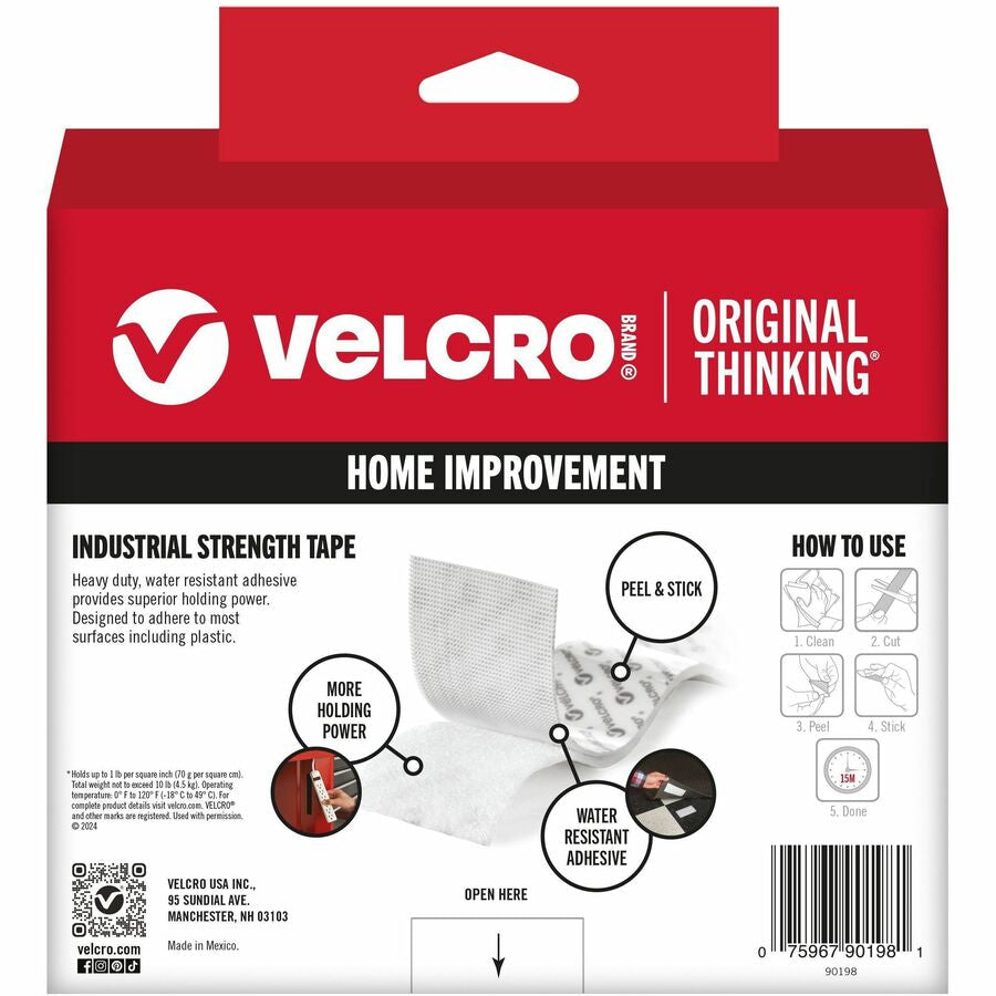 VELCRO® Industrial Strength 15ft x 2in Roll White - 15 ft Length 2’’ Width - Water Resistant Long Lasting - Hook & Loop