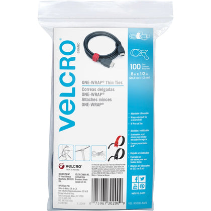 VELCRO® Reusable Thin Straps - Black & Red - Fabric/Nylon - 100 Pack - Hook Loop
