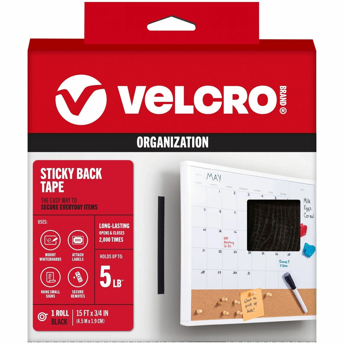 VELCRO® Sticky Back 15ft x 3/4in Roll Black - Multipurpose Mounting Solution - Hook & Loop