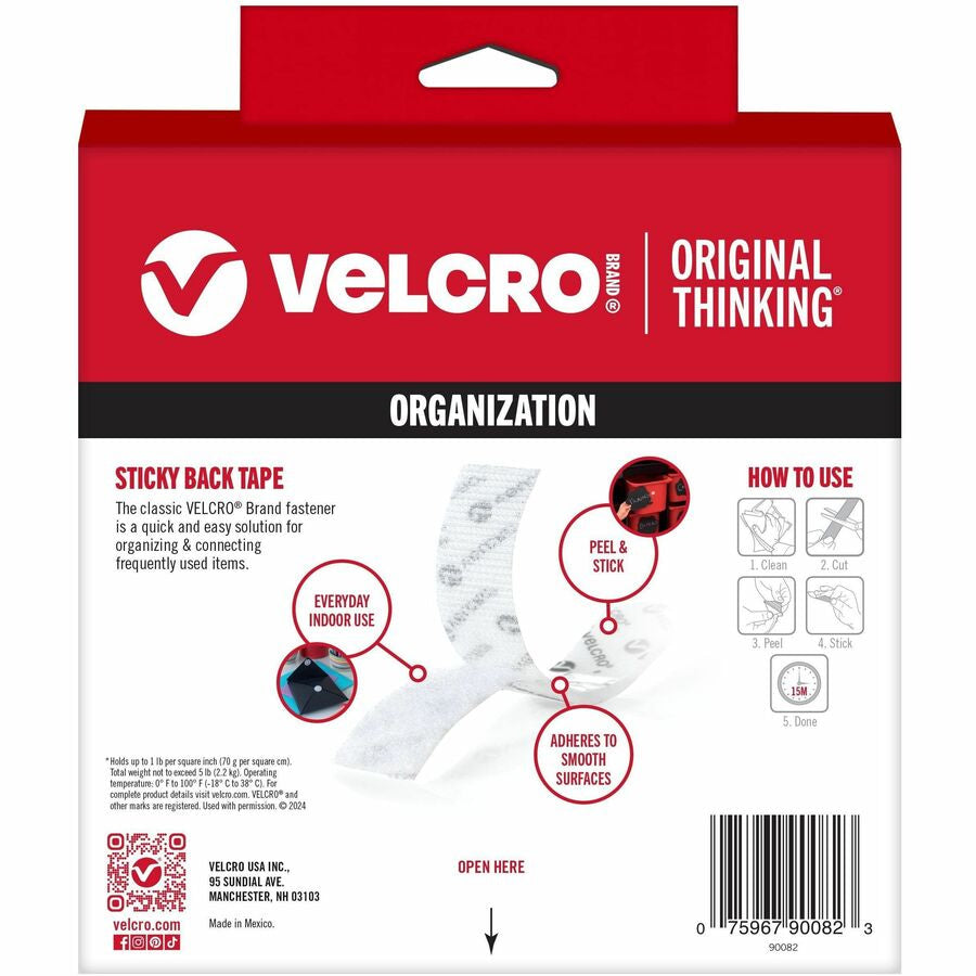 VELCRO® Sticky Back 15ft x 3/4in Roll White - 15 ft Length 0.75’’ Width - For Mount Picture/Poster Multi Surface - Hook
