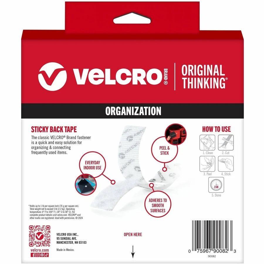 VELCRO® Sticky Back 15ft x 3/4in Roll White - Multipurpose Fastening Tape - Hook & Loop