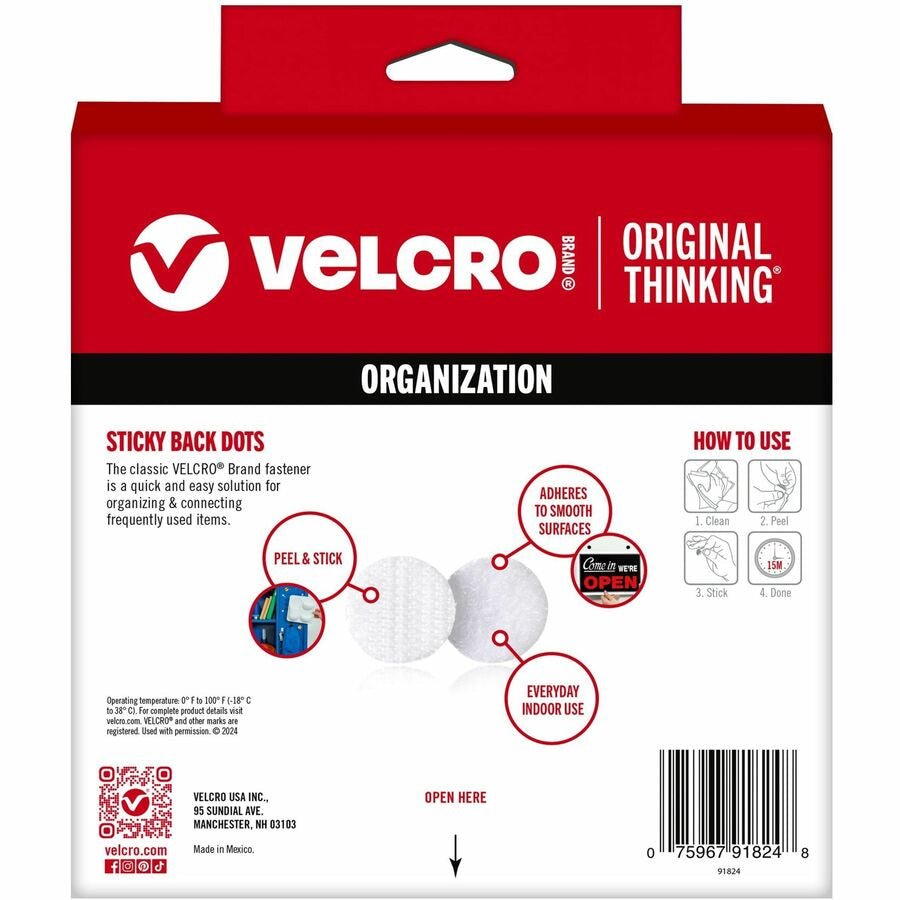 VELCRO® Sticky Back 3/4in Circles White 200 ct - 0.75’’ Diameter - For Sign Poster Wall Plastic Glass Tile Home - Hook